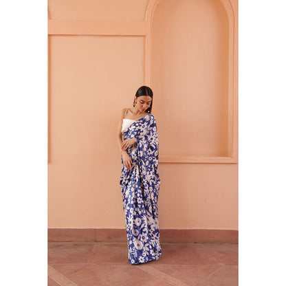 Shibui Rhythm Oasis Blue Print Saree with Stitched Blouse