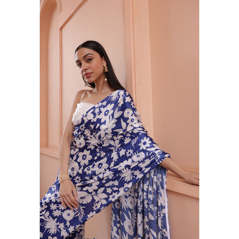 Shibui Rhythm Oasis Blue Print Saree with Stitched Blouse