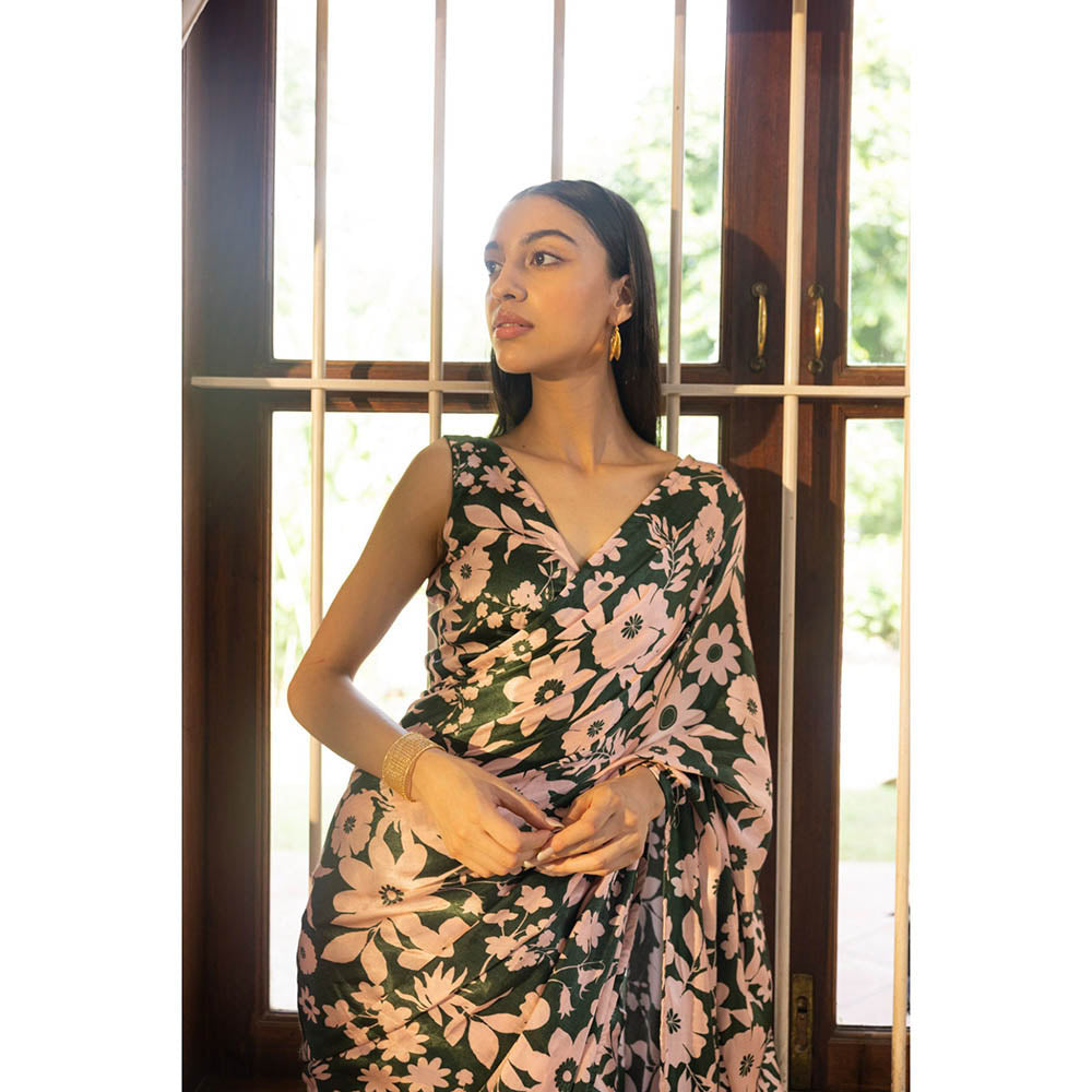 Shibui Rhythm Oasis Green Print Saree with Stitched Blouse