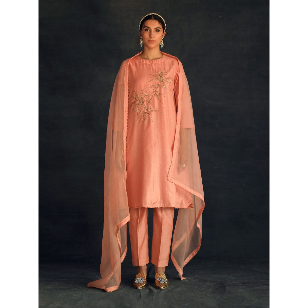 SHIKHA MEHTA Salmon Hania Kurta with Pant and Dupatta (Set of 3)