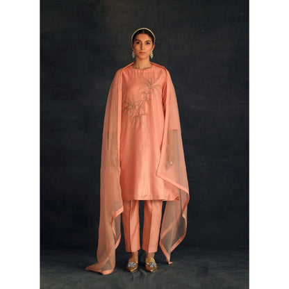 SHIKHA MEHTA Salmon Hania Kurta with Pant and Dupatta (Set of 3)
