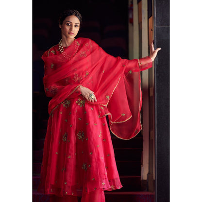 SHIKHA MEHTA Berry Nasrin Anarkali Kurta with Palazzo and Dupatta (Set of 3)