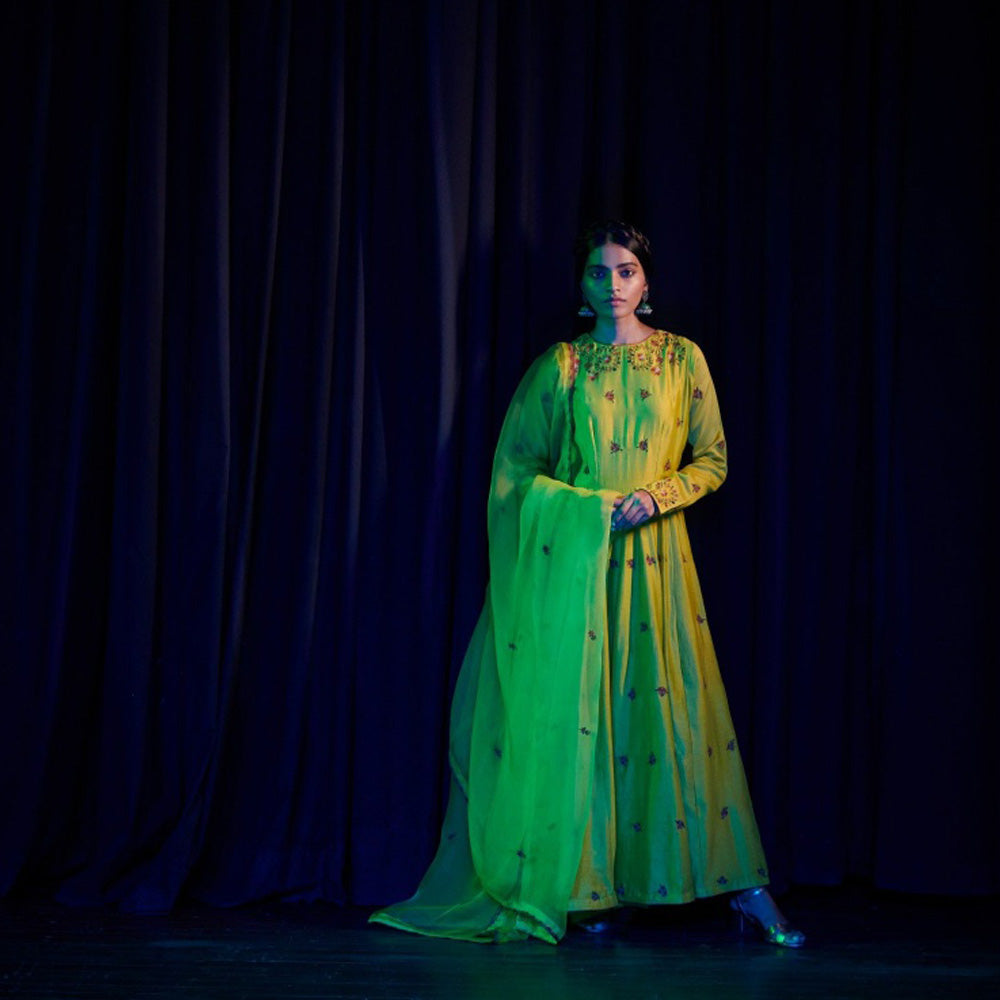 SHIKHA MEHTA Lime Parviz Anarkali Kurta with Pant and Dupatta (Set of 3)