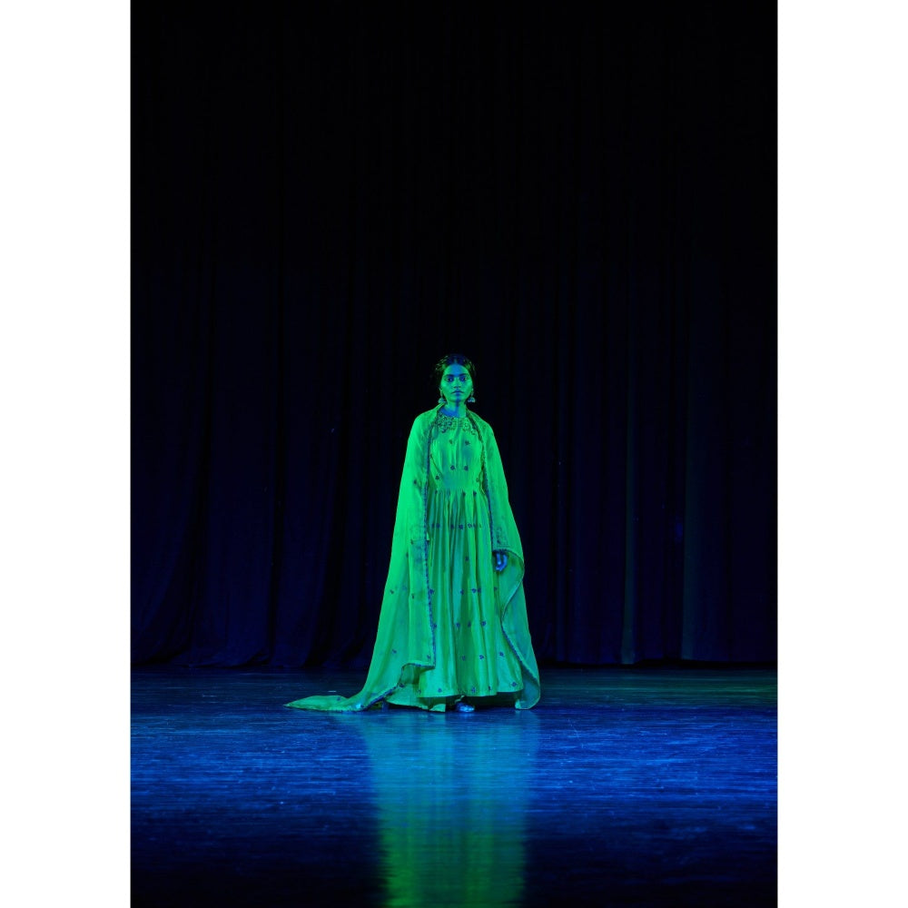 SHIKHA MEHTA Lime Parviz Anarkali Kurta with Pant and Dupatta (Set of 3)