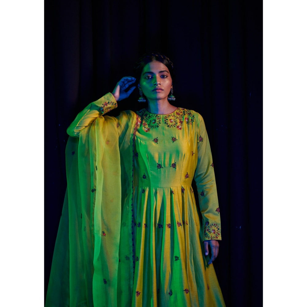 SHIKHA MEHTA Lime Parviz Anarkali Kurta with Pant and Dupatta (Set of 3)