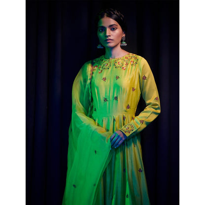 SHIKHA MEHTA Lime Parviz Anarkali Kurta with Pant and Dupatta (Set of 3)