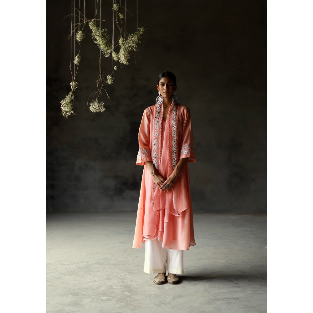 SHIKHA MEHTA Coral Amaya Angrakha Kurta with Palazzo and Dupatta (Set of 3)