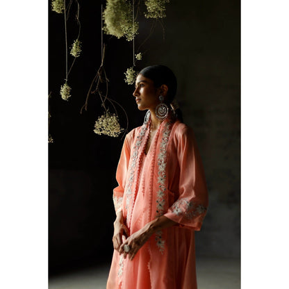 SHIKHA MEHTA Coral Amaya Angrakha Kurta with Palazzo and Dupatta (Set of 3)