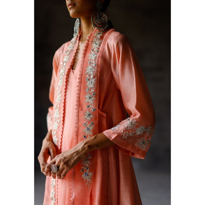 SHIKHA MEHTA Coral Amaya Angrakha Kurta with Palazzo and Dupatta (Set of 3)