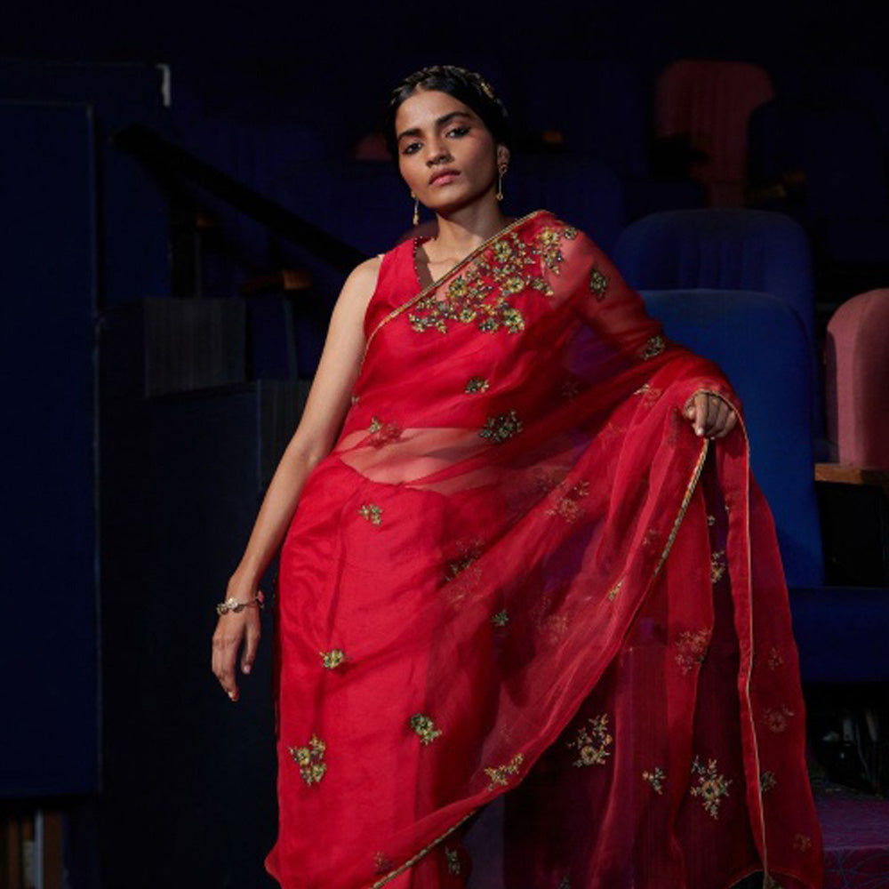 SHIKHA MEHTA Berry Rumi Saree with Stitched Blouse with Stitched