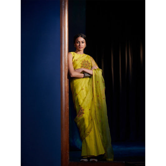 SHIKHA MEHTA Lime Laisa Saree with Stitched Blouse with Stitched