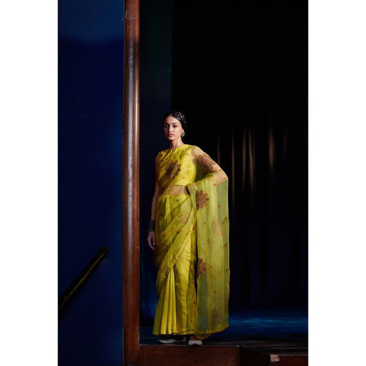 SHIKHA MEHTA Lime Laisa Saree with Stitched Blouse with Stitched