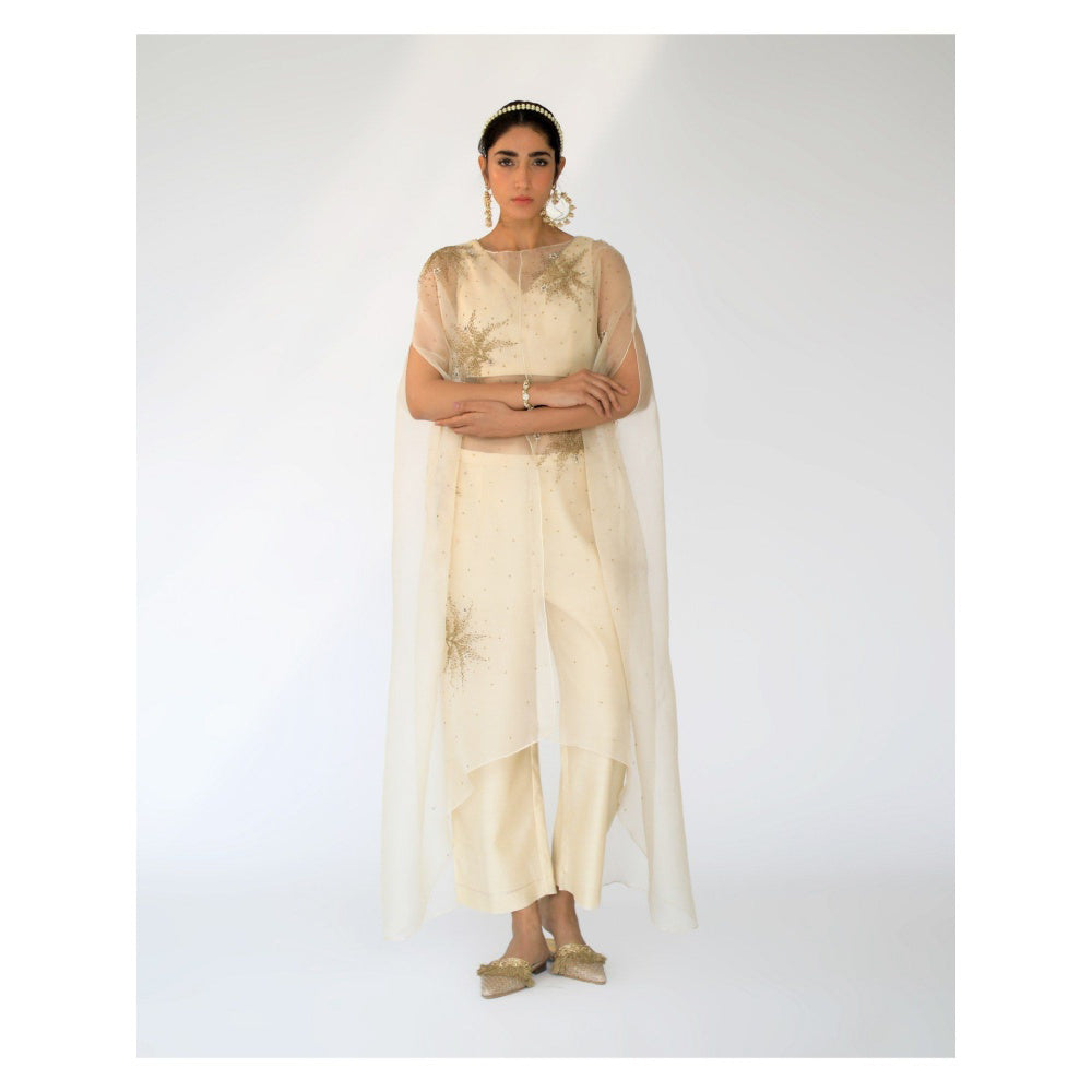 SHIKHA MEHTA Beige Zoe Blouse with Cape and Pant (Set of 3)