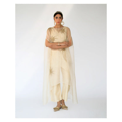 SHIKHA MEHTA Beige Zoe Blouse with Cape and Pant (Set of 3)