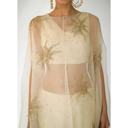 SHIKHA MEHTA Beige Zoe Blouse with Cape and Pant (Set of 3)