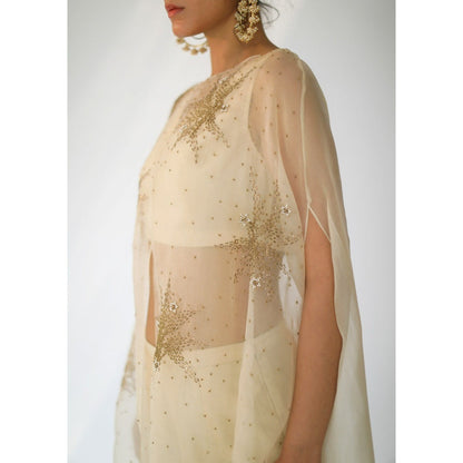 SHIKHA MEHTA Beige Zoe Blouse with Cape and Pant (Set of 3)