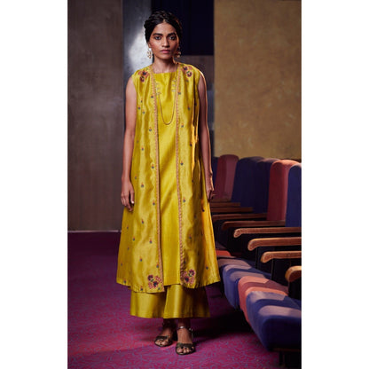 SHIKHA MEHTA Lime Tisca Kurta with Palazzo and Jacket (Set of 3)