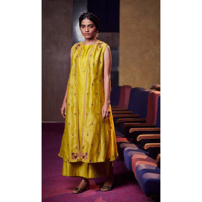 SHIKHA MEHTA Lime Tisca Kurta with Palazzo and Jacket (Set of 3)