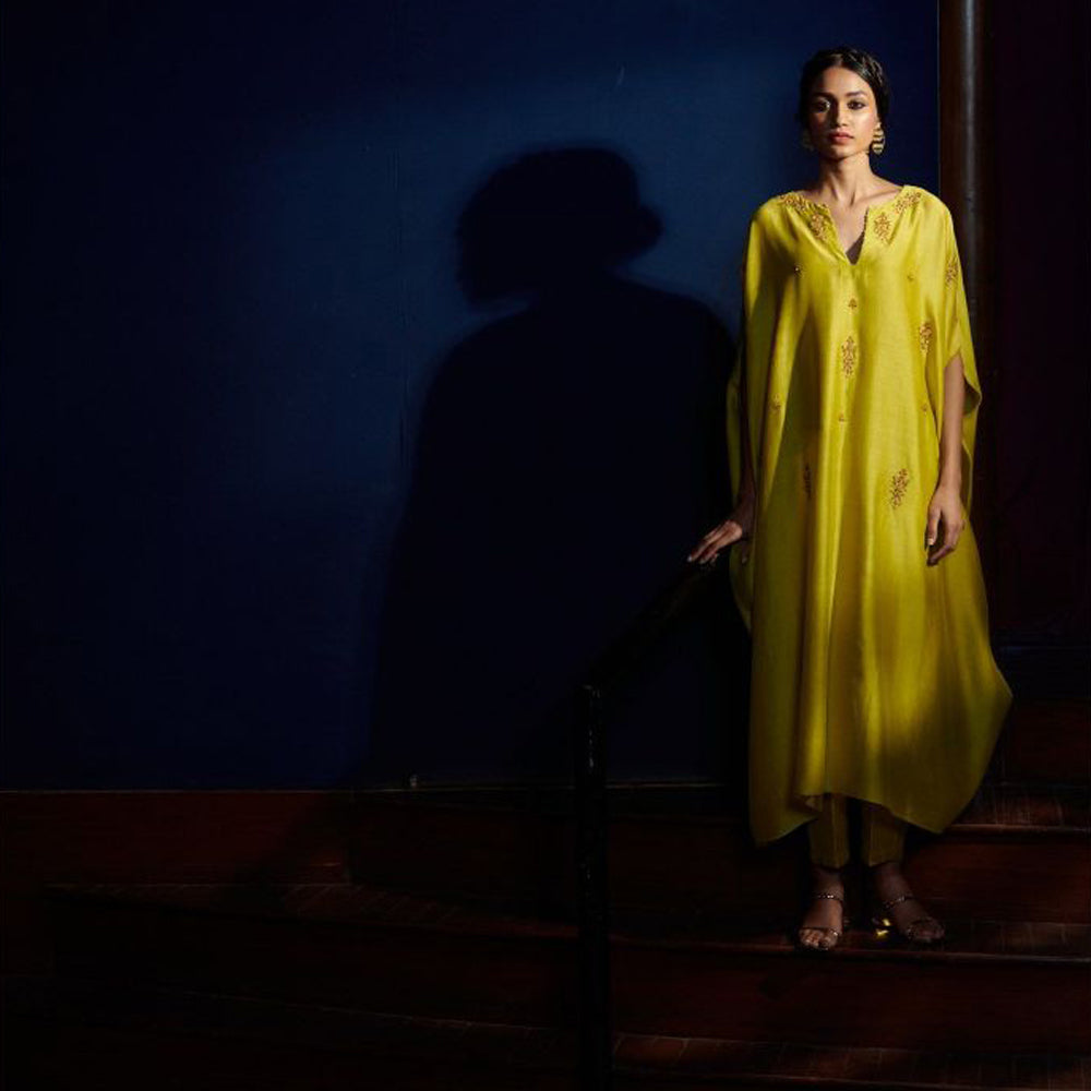 SHIKHA MEHTA Lime Asmee Kaftan and Pant (Set of 2)