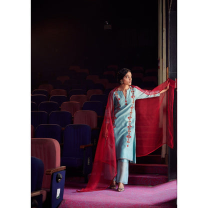 SHIKHA MEHTA Aqua Vami Kurta with Pant and Dupatta (Set of 3)