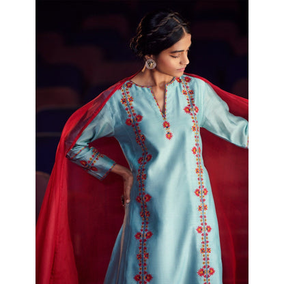 SHIKHA MEHTA Aqua Vami Kurta with Pant and Dupatta (Set of 3)