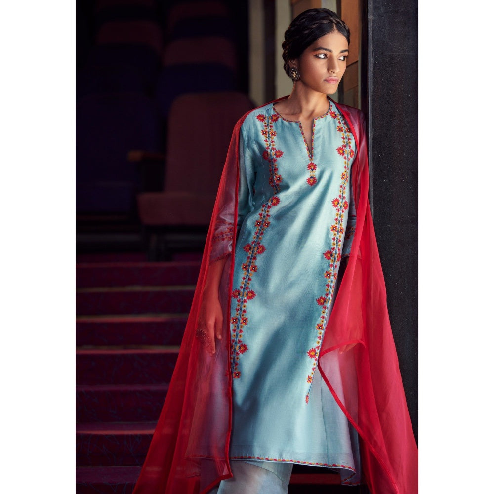 SHIKHA MEHTA Aqua Vami Kurta with Pant and Dupatta (Set of 3)