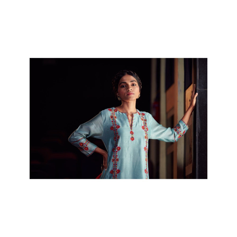 SHIKHA MEHTA Aqua Vami Kurta with Pant and Dupatta (Set of 3)