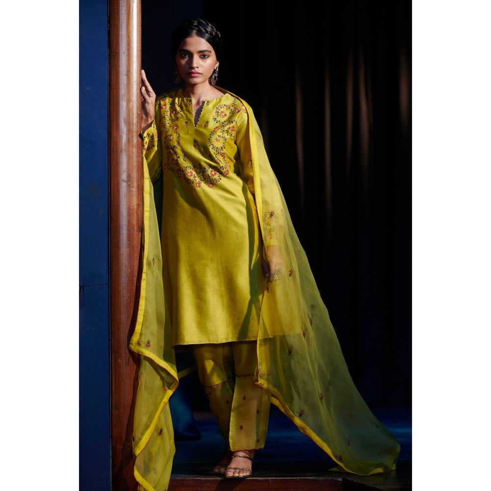 SHIKHA MEHTA Lime Sahar Kurta with Pant and Dupatta (Set of 3)