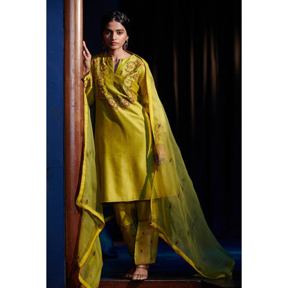 SHIKHA MEHTA Lime Sahar Kurta with Pant and Dupatta (Set of 3)