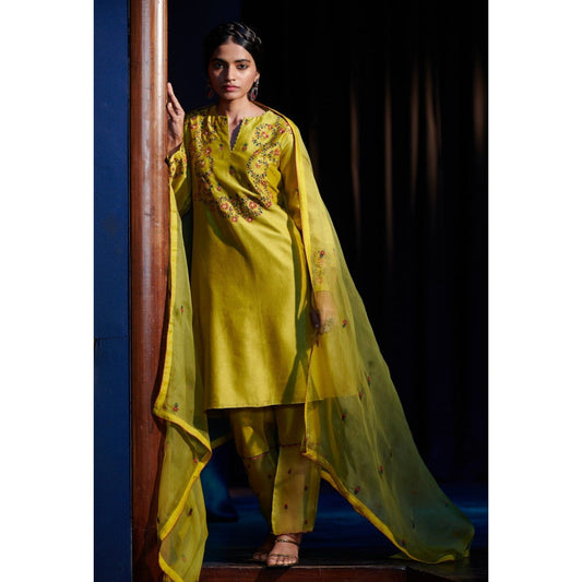 SHIKHA MEHTA Lime Sahar Kurta with Pant and Dupatta (Set of 3)