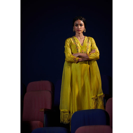 SHIKHA MEHTA Lime Qeerat Kurta with Pant and Dupatta (Set of 3)