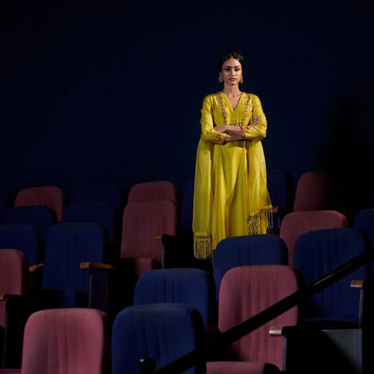 SHIKHA MEHTA Lime Qeerat Kurta with Pant and Dupatta (Set of 3)