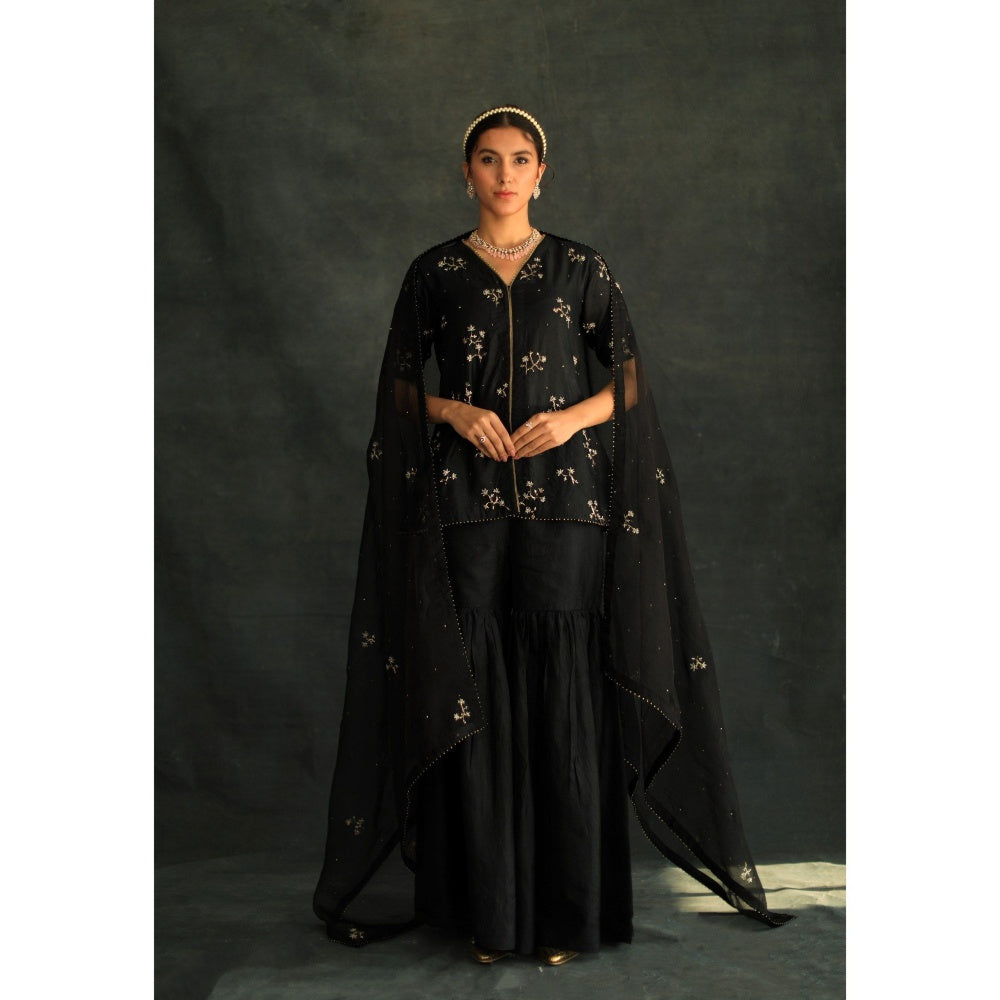 SHIKHA MEHTA Black Veru Silk Kurta with Sharara and Dupatta (Set of 3)