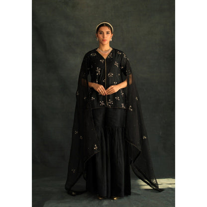 SHIKHA MEHTA Black Veru Silk Kurta with Sharara and Dupatta (Set of 3)