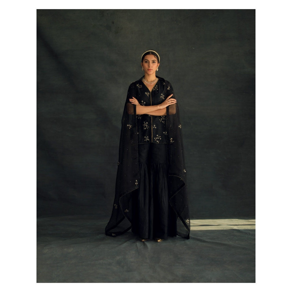 SHIKHA MEHTA Black Veru Silk Kurta with Sharara and Dupatta (Set of 3)