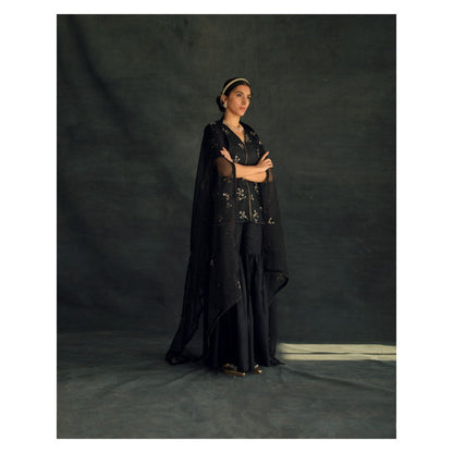 SHIKHA MEHTA Black Veru Silk Kurta with Sharara and Dupatta (Set of 3)