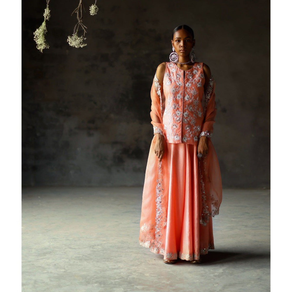 SHIKHA MEHTA Coral Ariyah Jacket with Sharara and Dupatta (Set of 3)