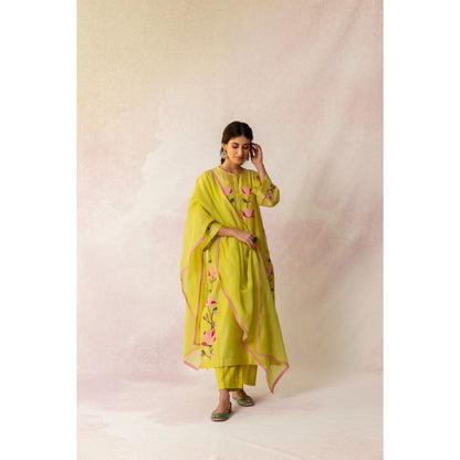 Shivani Bhargava Bahaar Yellow Chanderi Floral Kali Kurta (Set of 3)