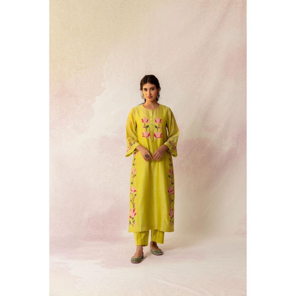 Shivani Bhargava Bahaar Yellow Chanderi Floral Kali Kurta (Set of 3)