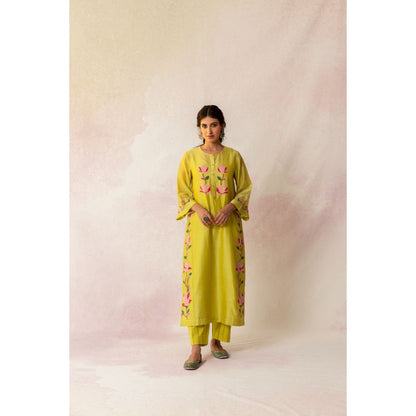 Shivani Bhargava Bahaar Yellow Chanderi Floral Kali Kurta (Set of 3)