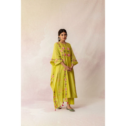 Shivani Bhargava Bahaar Yellow Chanderi Floral Kali Kurta (Set of 3)