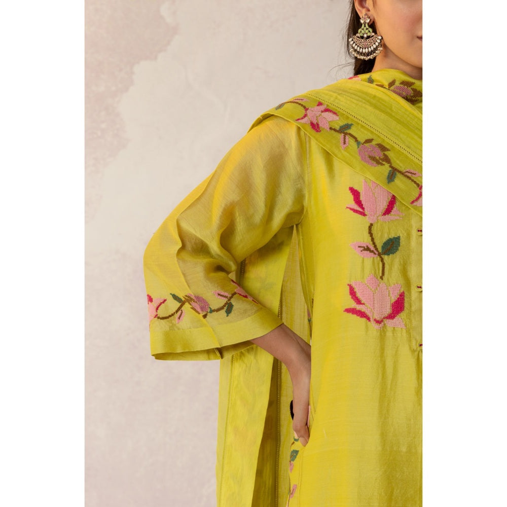 Shivani Bhargava Bahaar Yellow Chanderi Floral Kali Kurta (Set of 3)