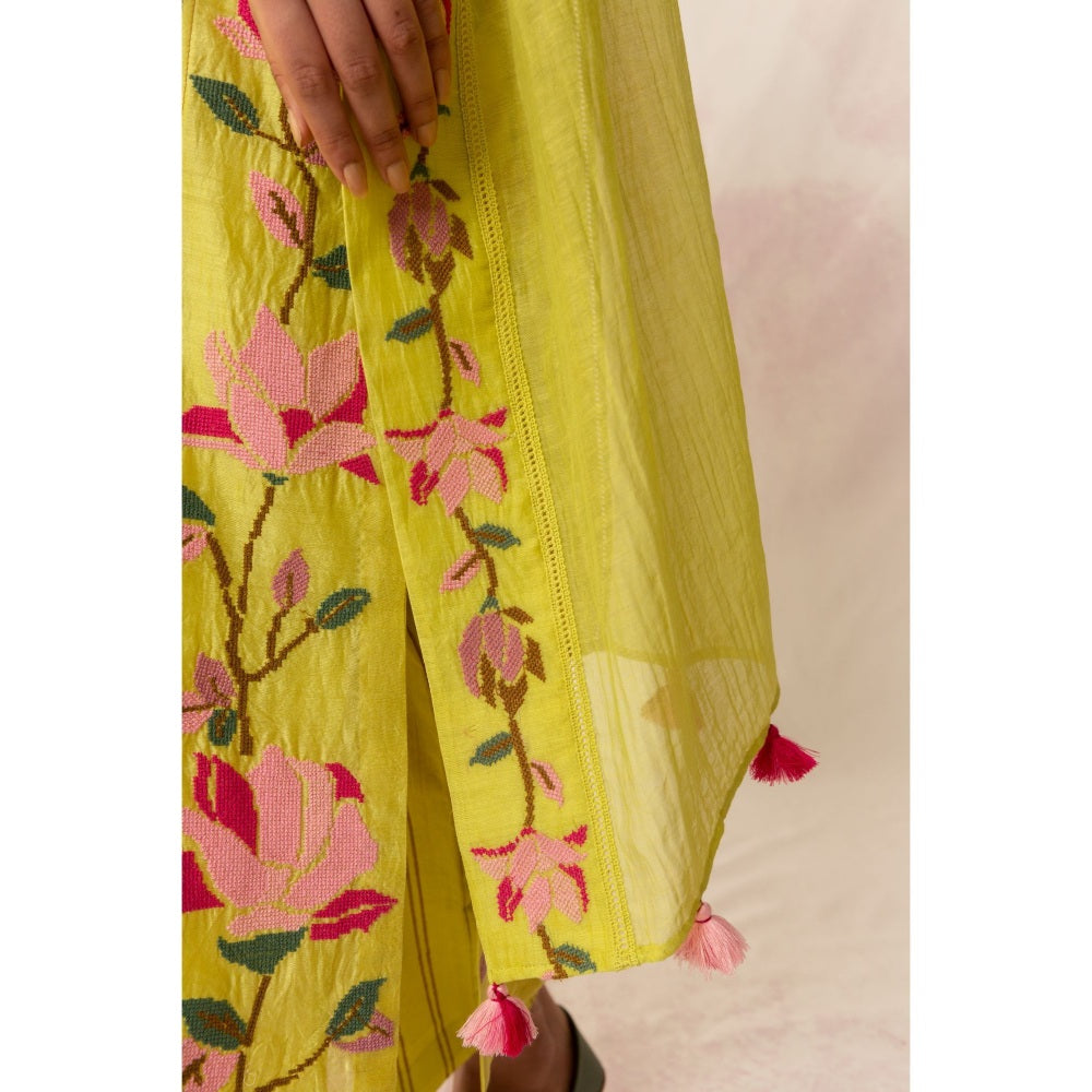 Shivani Bhargava Bahaar Yellow Chanderi Floral Kali Kurta (Set of 3)