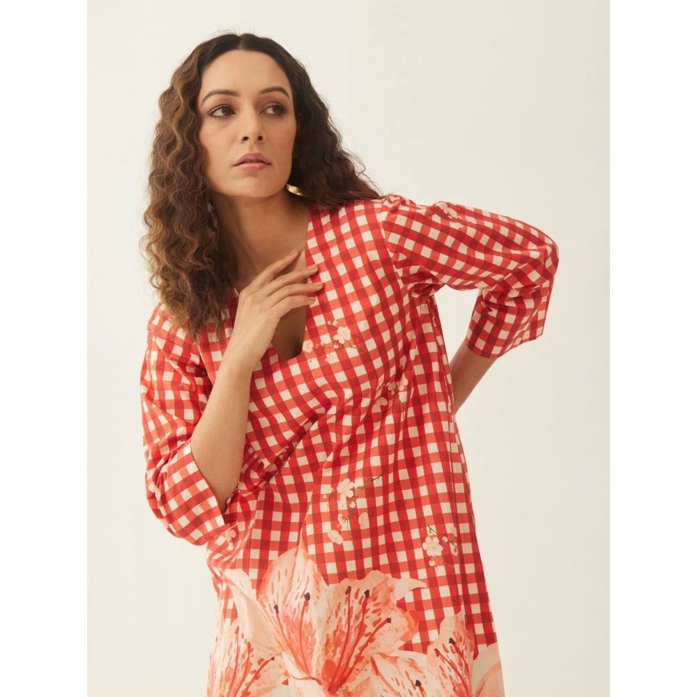 Shivani Bhargava Red Cotton Gingham Checks and Floral Mix Co-ord (Set of 2)