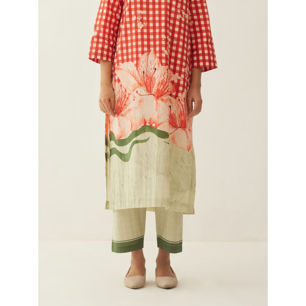 Shivani Bhargava Red Cotton Gingham Checks and Floral Mix Co-ord (Set of 2)