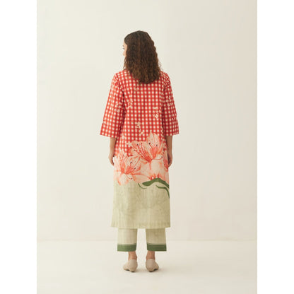 Shivani Bhargava Red Cotton Gingham Checks and Floral Mix Co-ord (Set of 2)