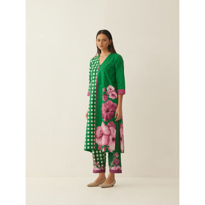 Shivani Bhargava Green Cotton Gingham Checks and Floral Mix Co-ord (Set of 2)