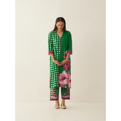 Shivani Bhargava Green Cotton Gingham Checks and Floral Mix Co-ord (Set of 2)