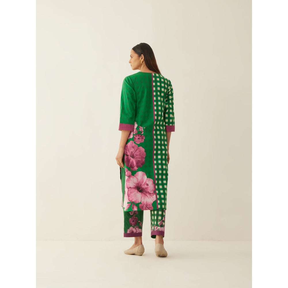 Shivani Bhargava Green Cotton Gingham Checks and Floral Mix Co-ord (Set of 2)