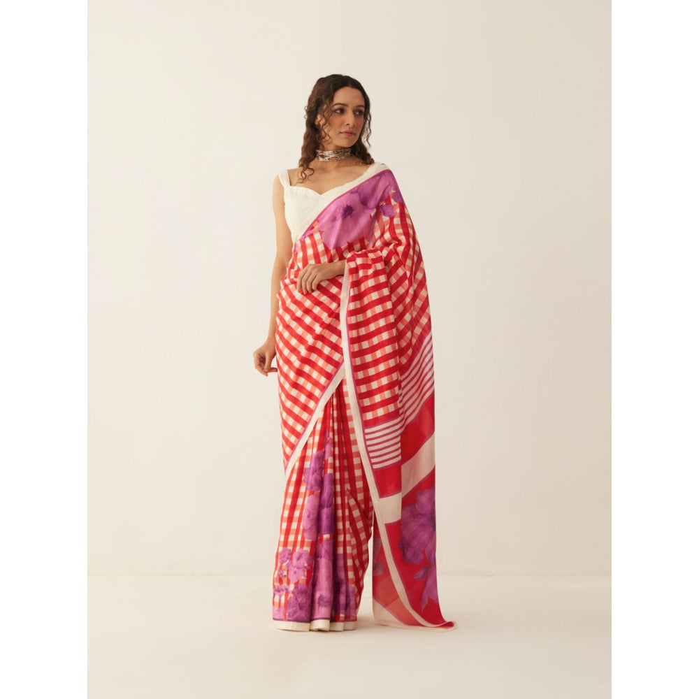 Shivani Bhargava Red and Off-white Gingham Checks Floral Mix Silk Saree with Stitched Blouse